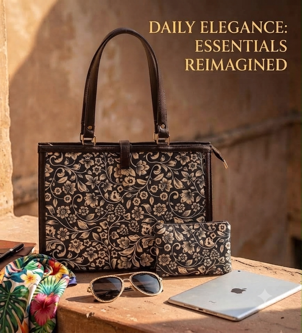 A close-up look at the modern, structured square tote bag (16" x 13") featuring a spacious main interior, a dedicated laptop section, and a secure zippered back pocket for effortless daily organization.