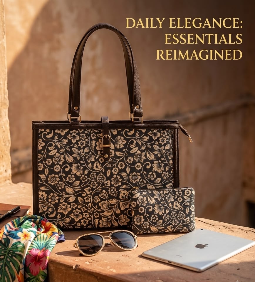 A close-up look at the modern, structured square tote bag (16" x 13") featuring a spacious main interior, a dedicated laptop section, and a secure zippered back pocket for effortless daily organization.