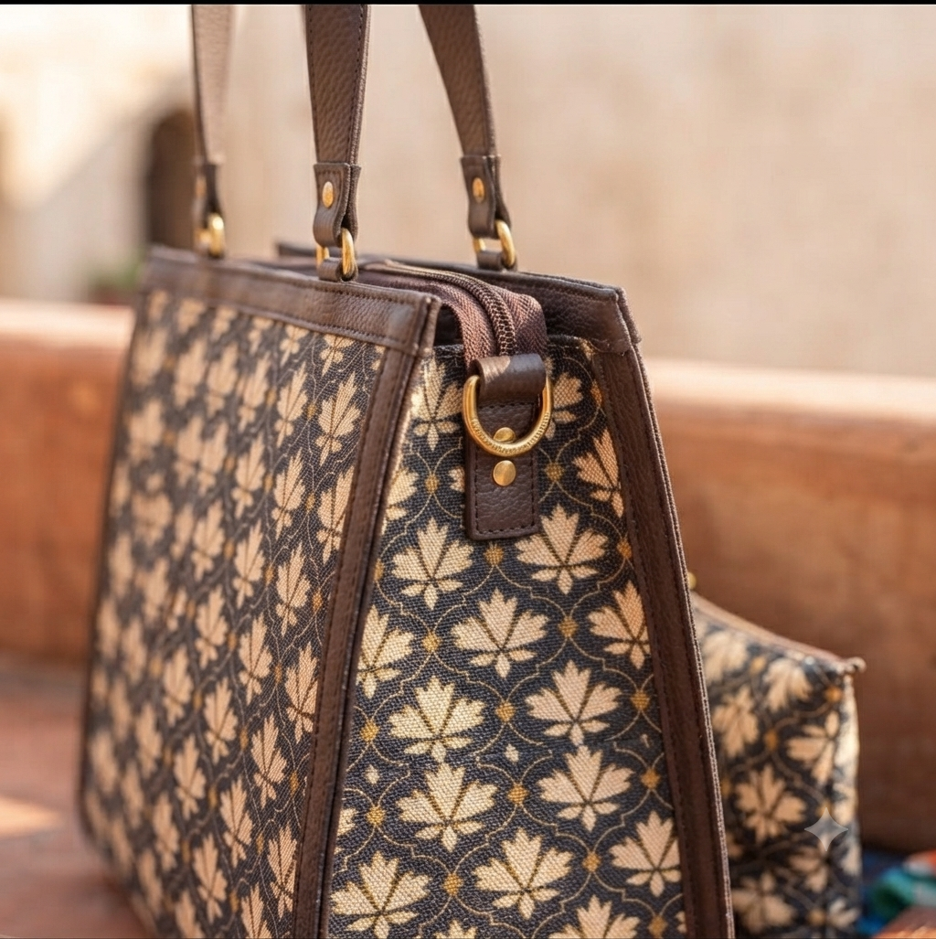 A close-up look at the modern, structured square tote bag (16" x 13") featuring a spacious main interior, a dedicated laptop section, and a secure zippered back pocket for effortless daily organization.
