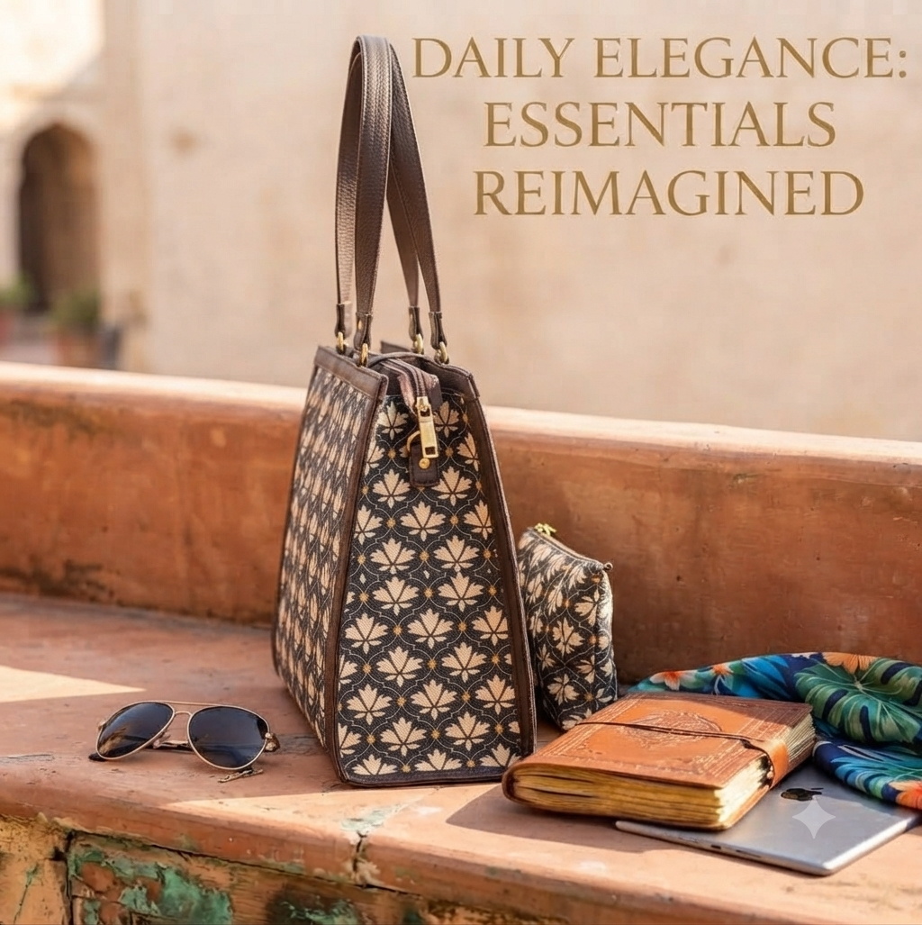 A close-up look at the modern, structured square tote bag (16" x 13") featuring a spacious main interior, a dedicated laptop section, and a secure zippered back pocket for effortless daily organization.