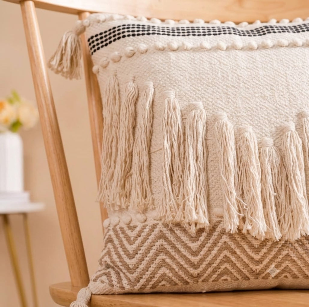 Boho Woven Cream & Mocha Geometric Fringe Cushion Cover (40cm*40cm)