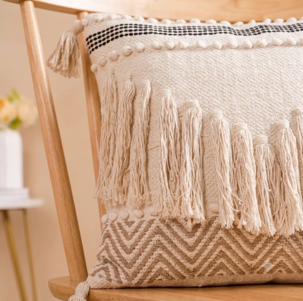 Boho Woven Cream & Mocha Geometric Fringe Cushion Cover (40cm*40cm)