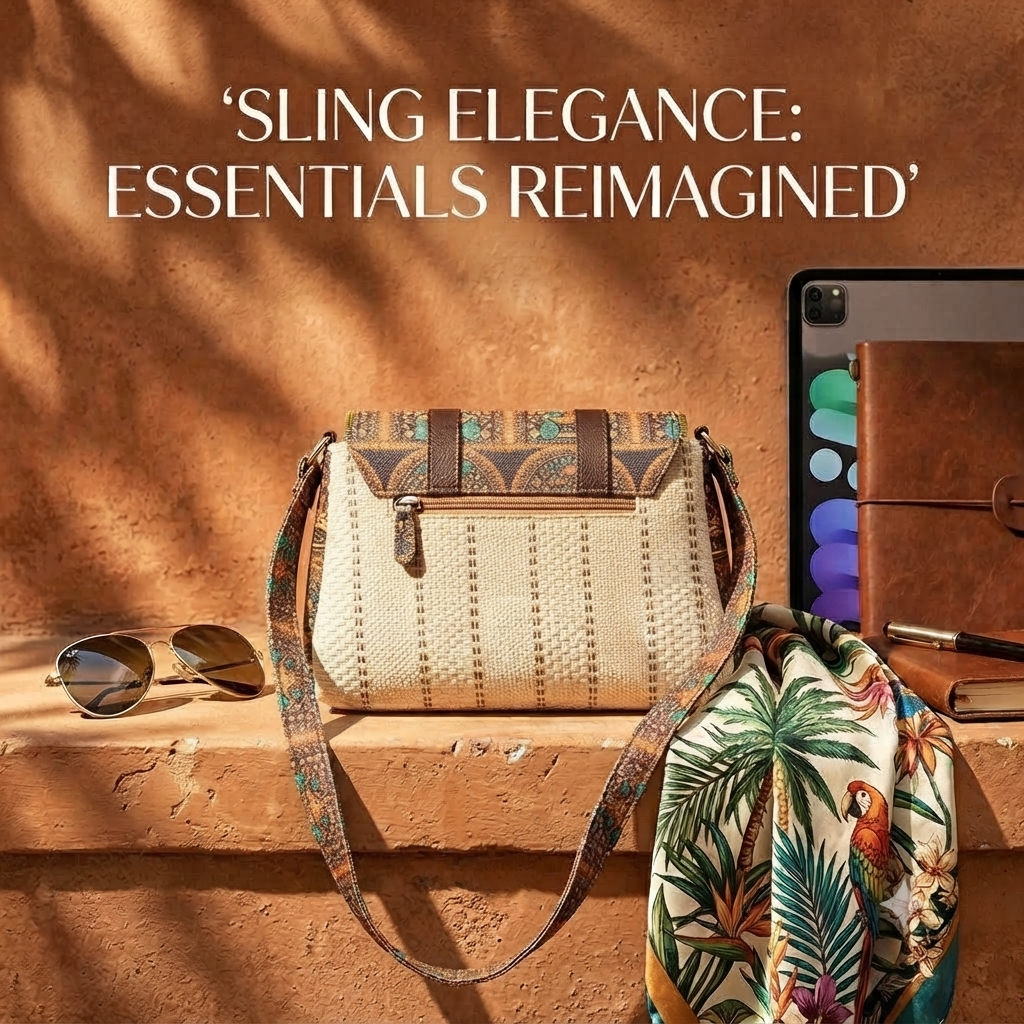 An overhead view showing the open interior of a beige straw-woven crossbody sling bag, revealing a dark brown fabric lining divided into two main sections by a central zippered compartment.