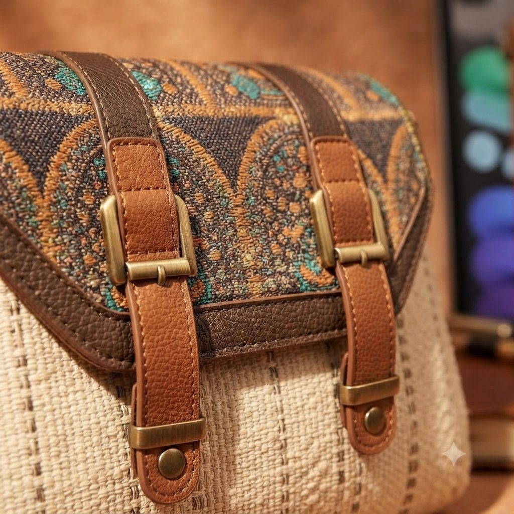 An overhead view showing the open interior of a beige straw-woven crossbody sling bag, revealing a dark brown fabric lining divided into two main sections by a central zippered compartment.