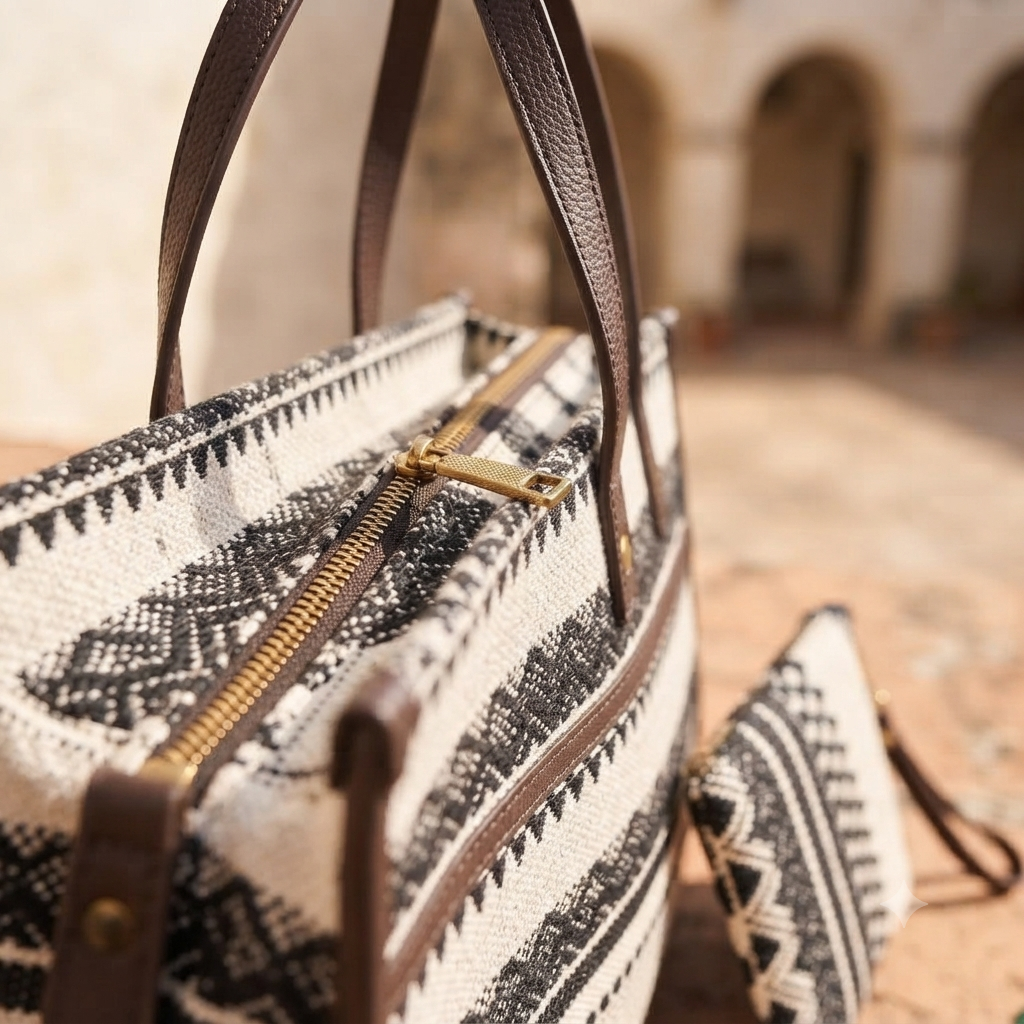 A close-up look at the modern, structured square tote bag (16" x 13") featuring a spacious main interior, a dedicated laptop section, and a secure zippered back pocket for effortless daily organization.