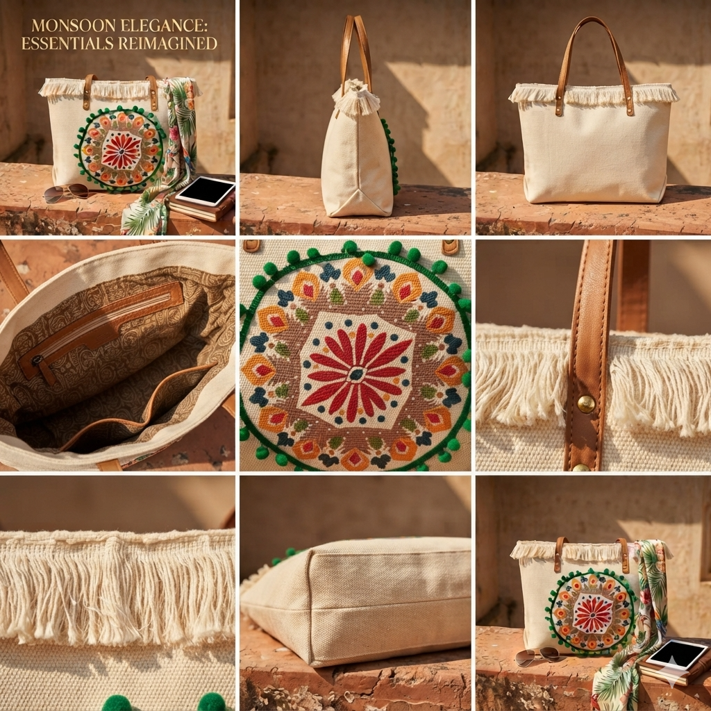 A large canvas tote bag featuring an embroidered geometric mandala circular design on the front panel with a fringed trim along the top rim and leather shoulder handles.