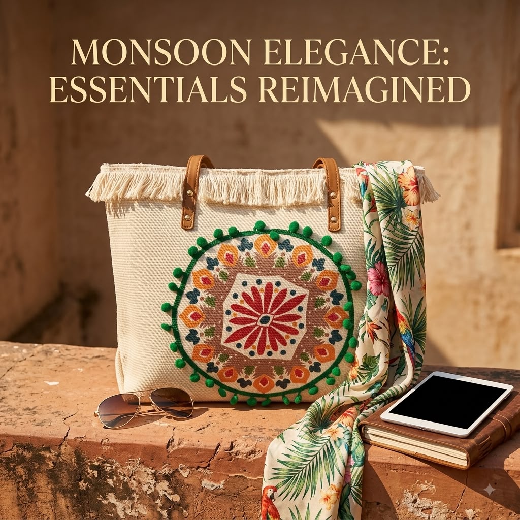 A large canvas tote bag featuring an embroidered geometric mandala circular design on the front panel with a fringed trim along the top rim and leather shoulder handles.