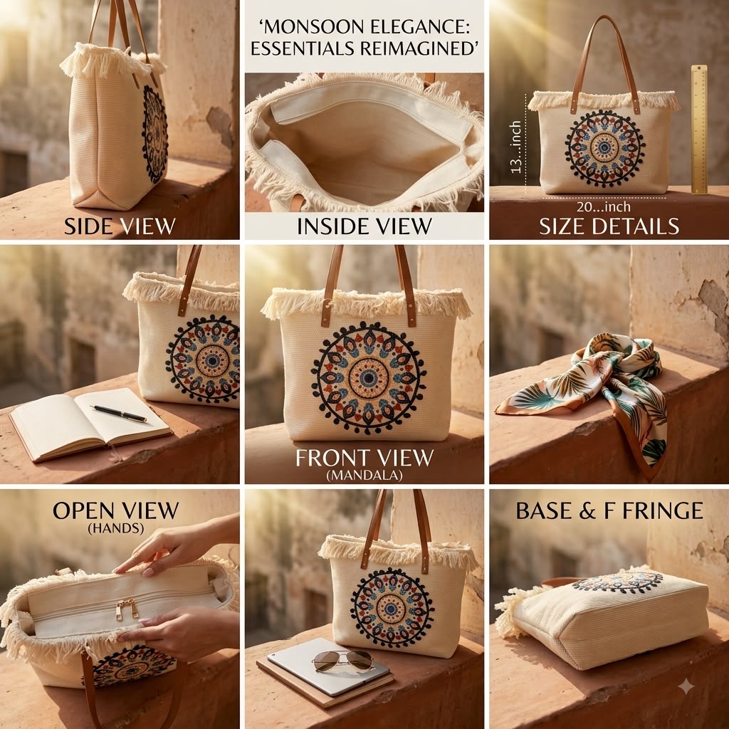 A large canvas tote bag featuring an embroidered geometric mandala circular design on the front panel with a fringed trim along the top rim and leather shoulder handles.