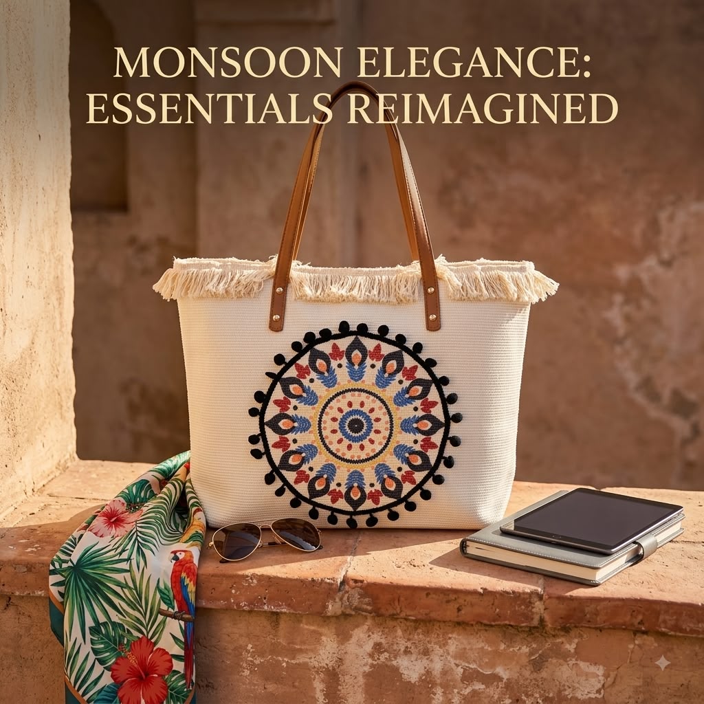 A large canvas tote bag featuring an embroidered geometric mandala circular design on the front panel with a fringed trim along the top rim and leather shoulder handles.