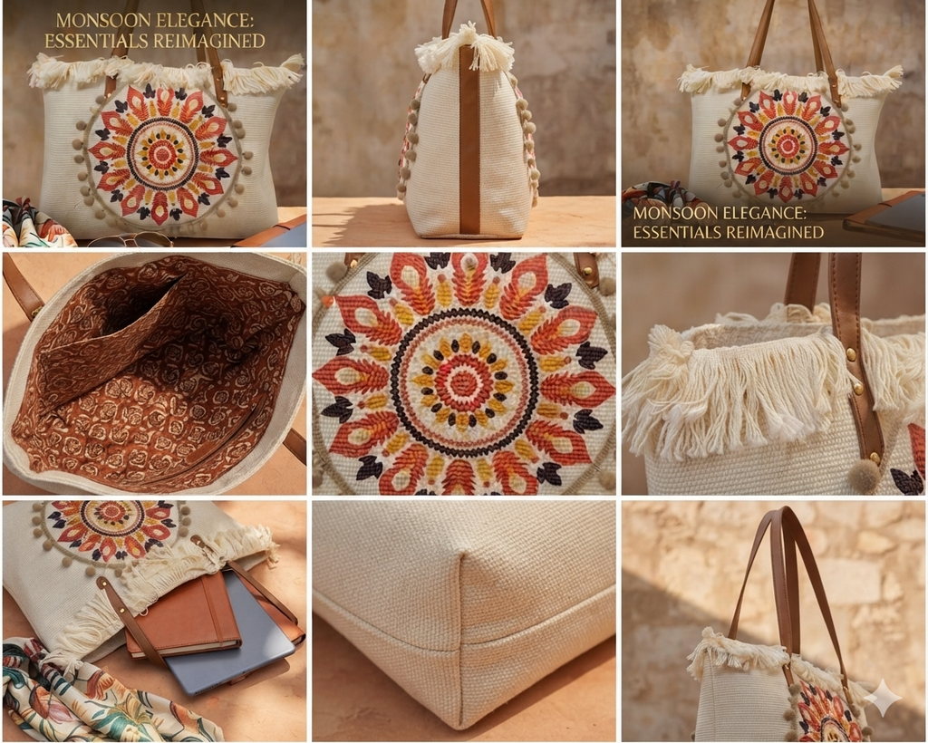 A large canvas tote bag featuring an embroidered geometric mandala circular design on the front panel with a fringed trim along the top rim and leather shoulder handles.