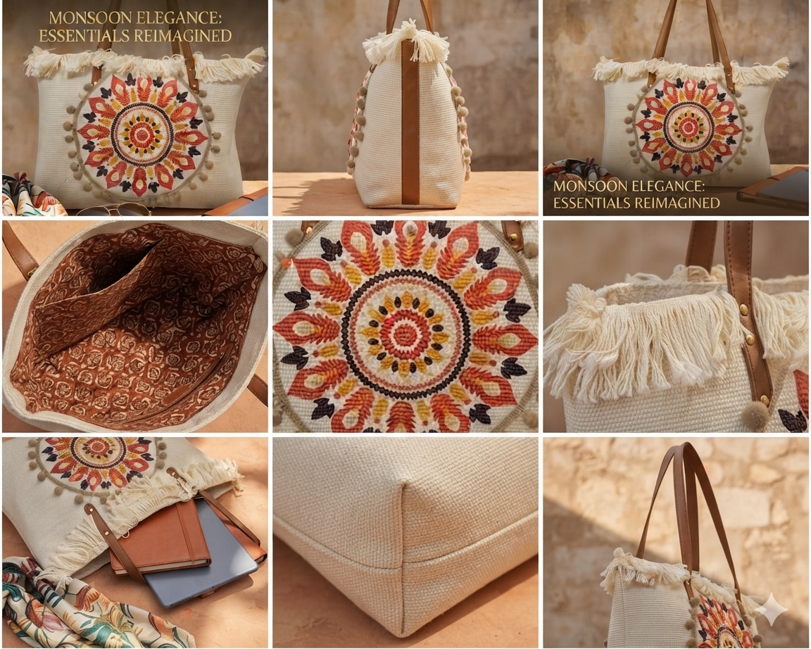 A large canvas tote bag featuring an embroidered geometric mandala circular design on the front panel with a fringed trim along the top rim and leather shoulder handles.
