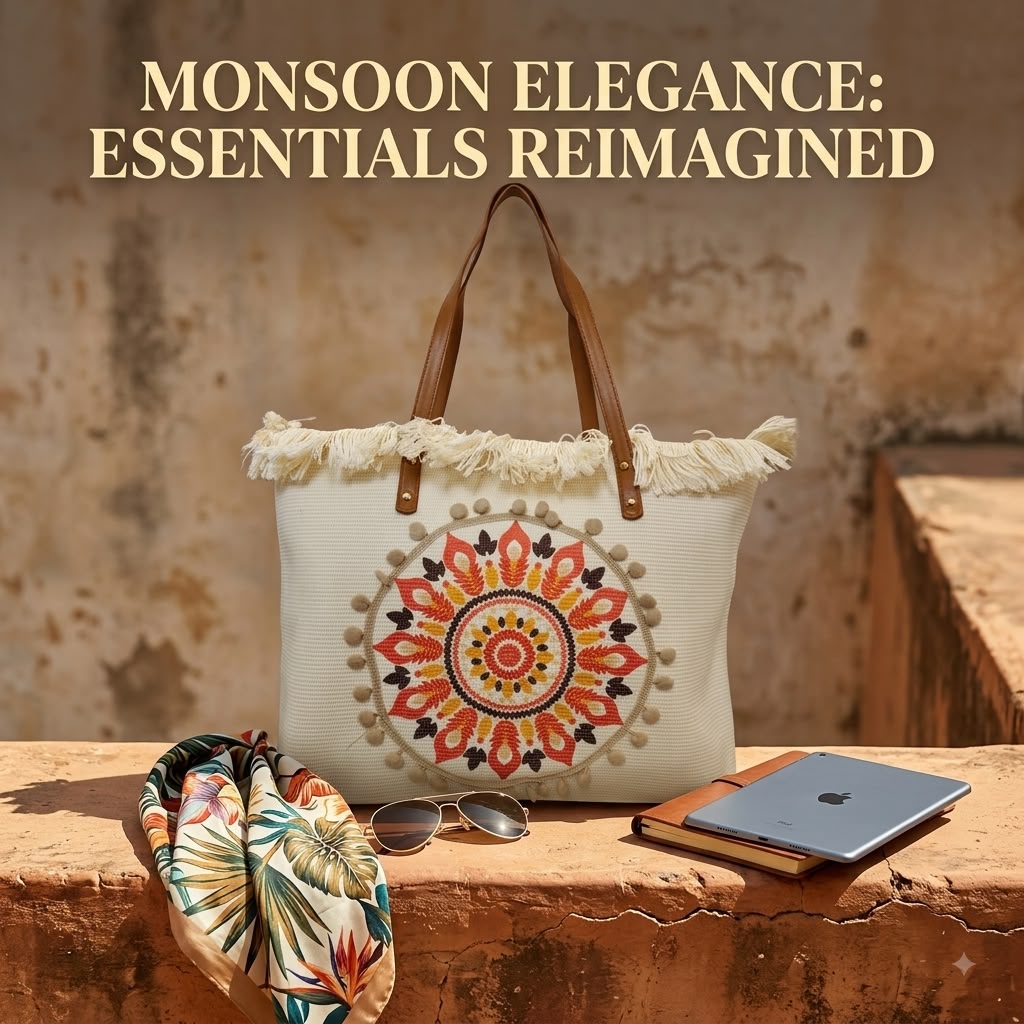A large canvas tote bag featuring an embroidered geometric mandala circular design on the front panel with a fringed trim along the top rim and leather shoulder handles.