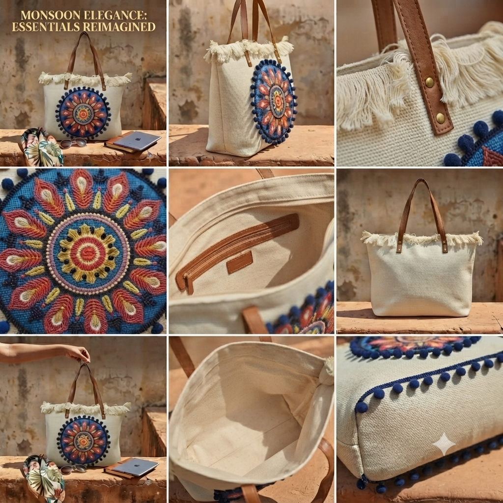 A large canvas tote bag featuring an embroidered geometric mandala circular design on the front panel with a fringed trim along the top rim and leather shoulder handles.