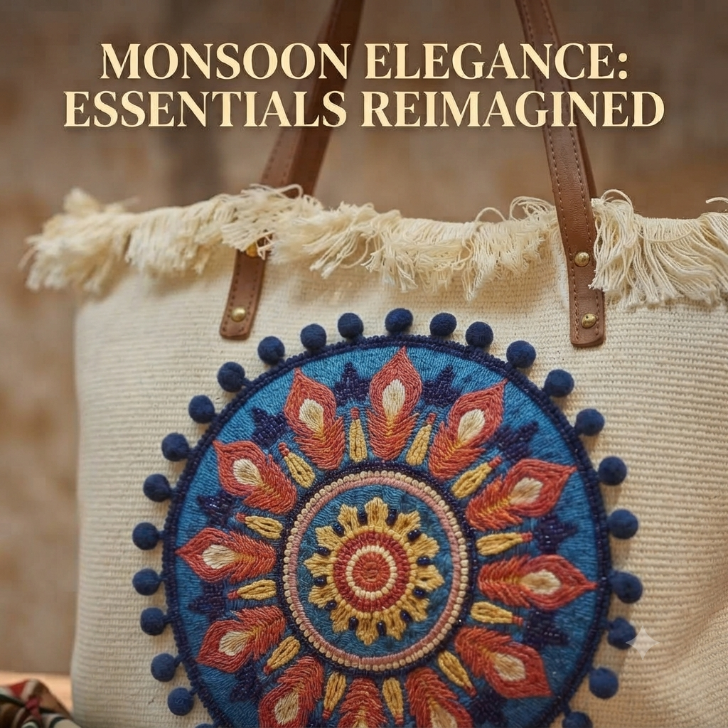 A large canvas tote bag featuring an embroidered geometric mandala circular design on the front panel with a fringed trim along the top rim and leather shoulder handles.