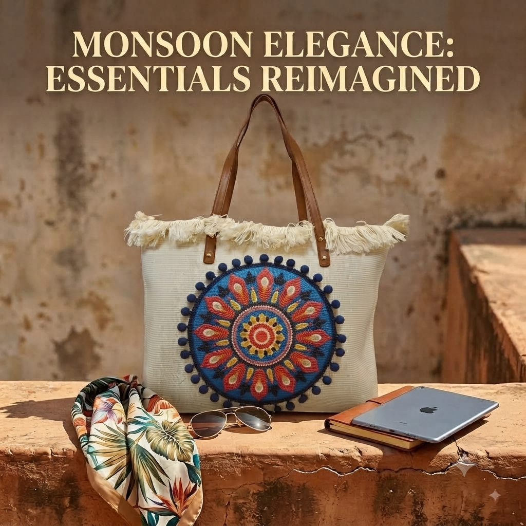 A large canvas tote bag featuring an embroidered geometric mandala circular design on the front panel with a fringed trim along the top rim and leather shoulder handles.