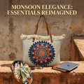A large canvas tote bag featuring an embroidered geometric mandala circular design on the front panel with a fringed trim along the top rim and leather shoulder handles.