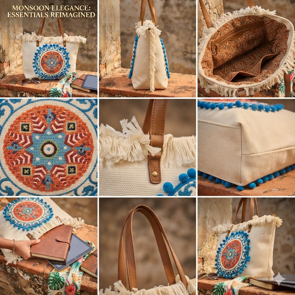 A large canvas tote bag featuring an embroidered geometric mandala circular design on the front panel with a fringed trim along the top rim and leather shoulder handles.