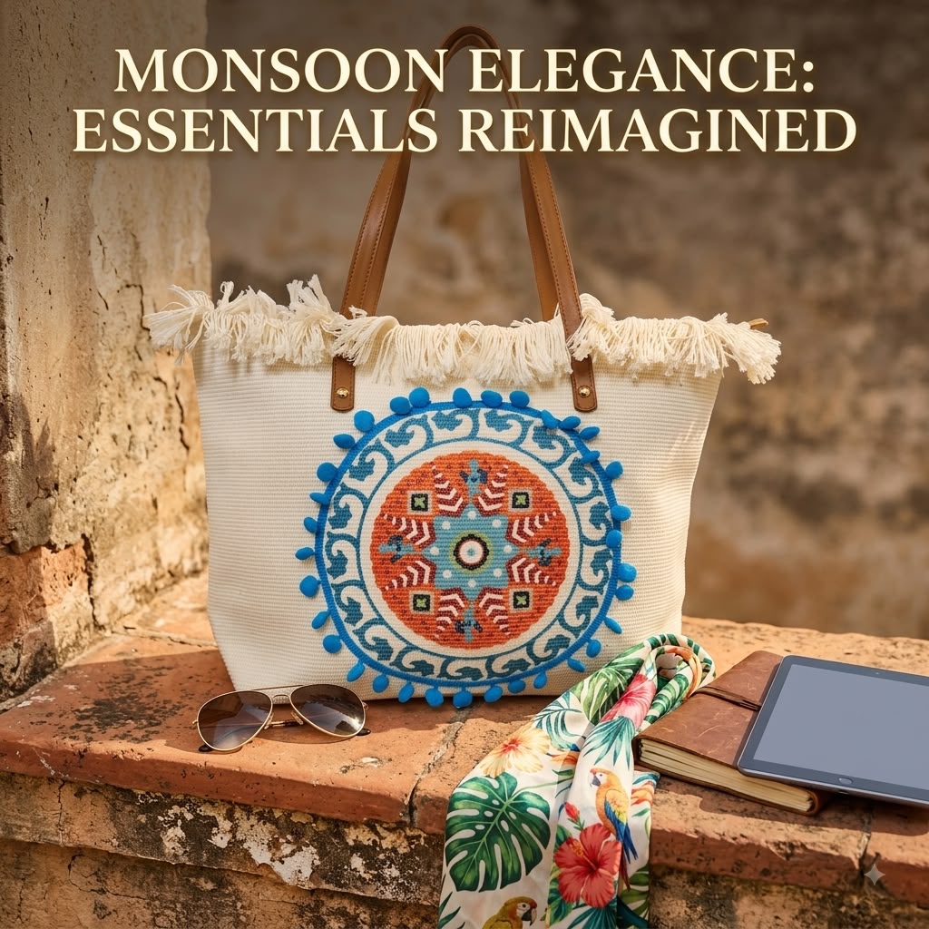 A large canvas tote bag featuring an embroidered geometric mandala circular design on the front panel with a fringed trim along the top rim and leather shoulder handles.