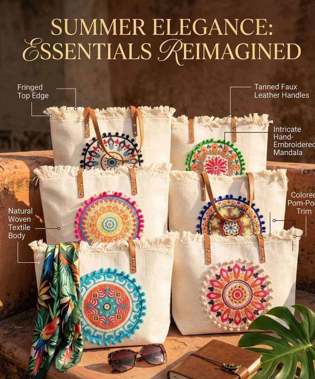 A large canvas tote bag featuring an embroidered geometric mandala circular design on the front panel with a fringed trim along the top rim and leather shoulder handles.