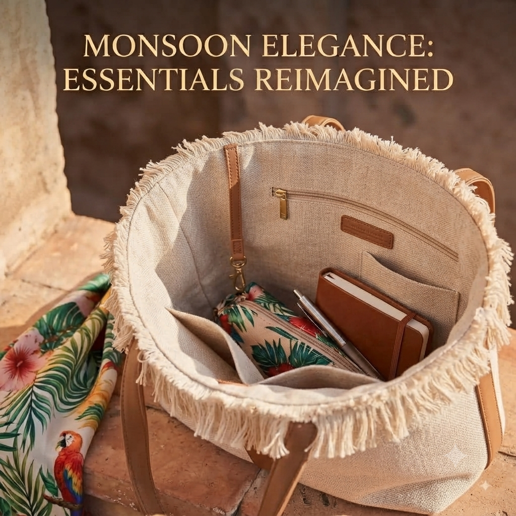 A large canvas tote bag featuring an embroidered geometric mandala circular design on the front panel with a fringed trim along the top rim and leather shoulder handles.