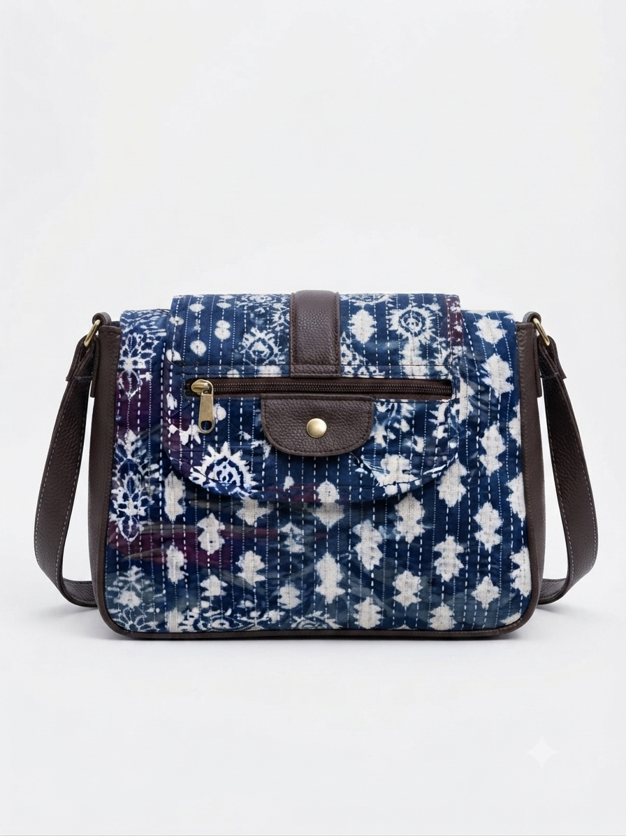 A textured crossbody sling bag featuring a vibrant multicolor front panel, shown open to display two top zipper sections and an adjustable shoulder strap.