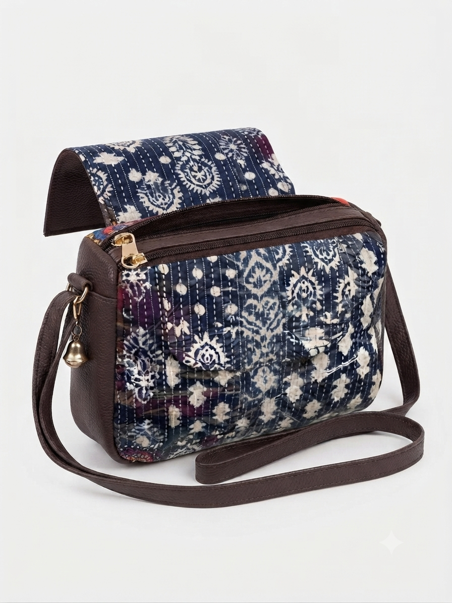 A textured crossbody sling bag featuring a vibrant multicolor front panel, shown open to display two top zipper sections and an adjustable shoulder strap.