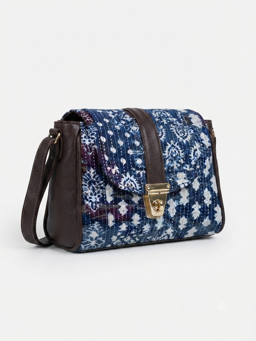 A textured crossbody sling bag featuring a vibrant multicolor front panel, shown open to display two top zipper sections and an adjustable shoulder strap.