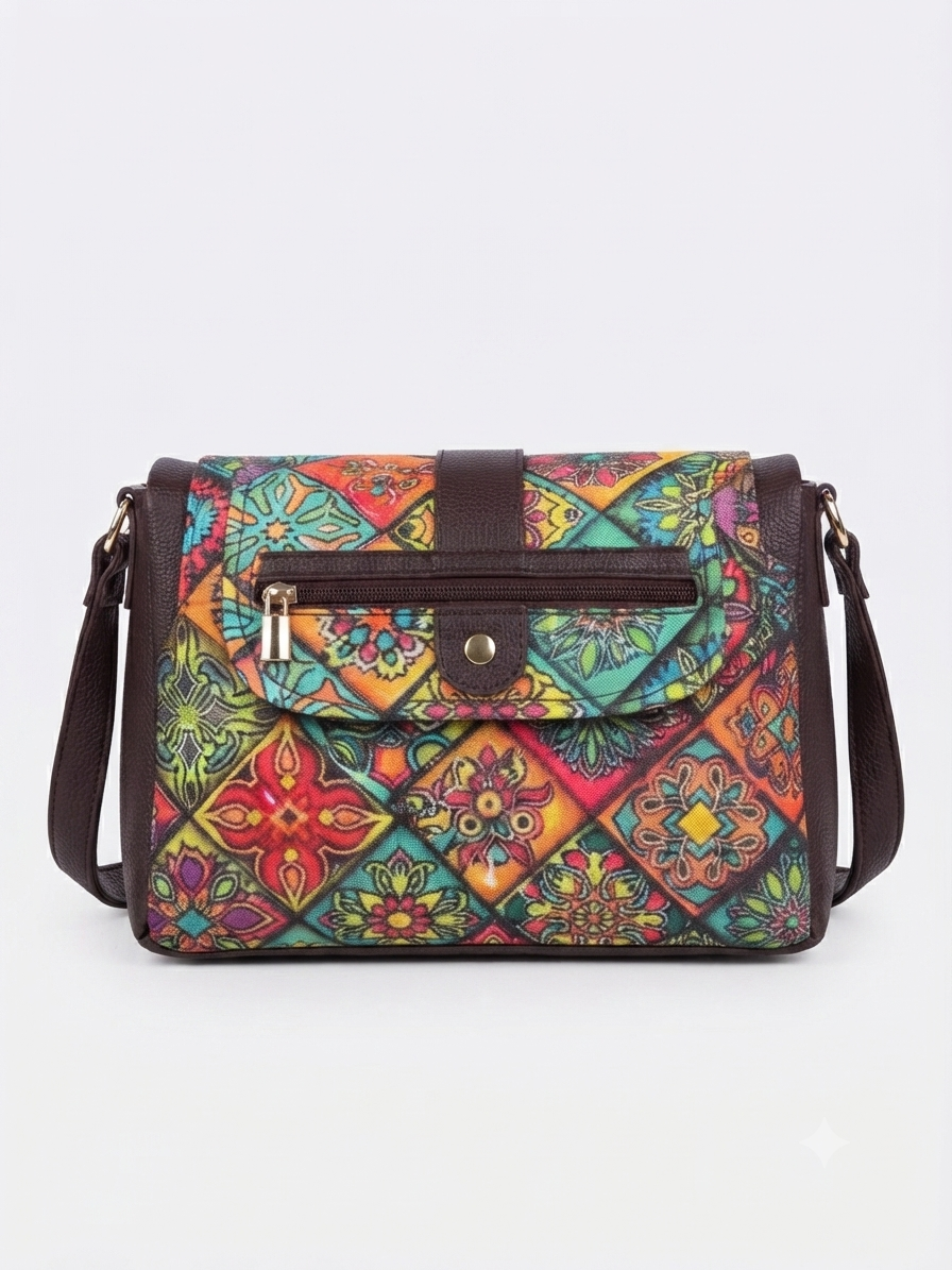 A textured crossbody sling bag featuring a vibrant multicolor front panel, shown open to display two top zipper sections and an adjustable shoulder strap.