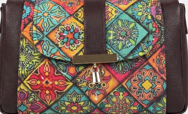 A textured crossbody sling bag featuring a vibrant multicolor front panel, shown open to display two top zipper sections and an adjustable shoulder strap.