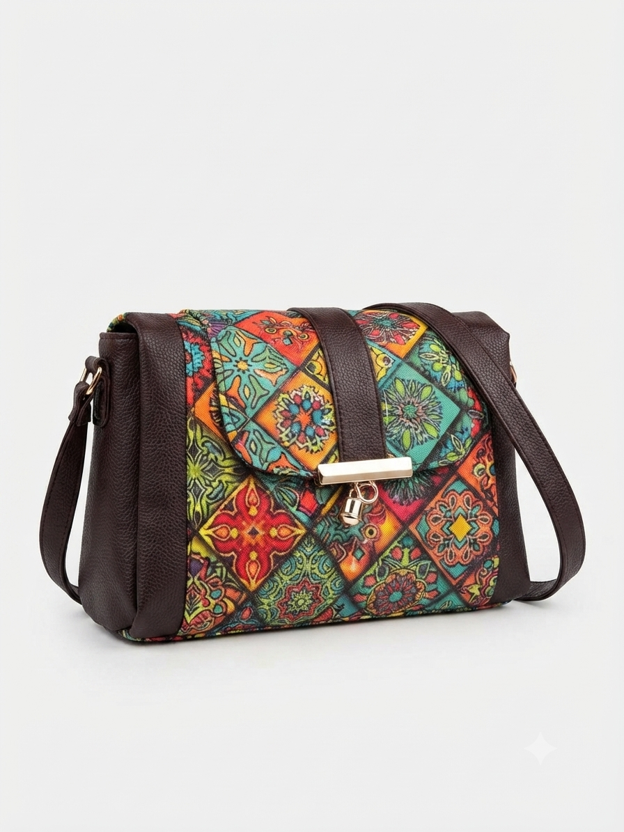 A textured crossbody sling bag featuring a vibrant multicolor front panel, shown open to display two top zipper sections and an adjustable shoulder strap.