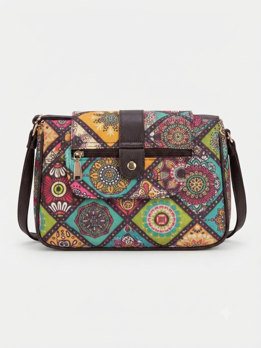 A textured crossbody sling bag featuring a vibrant multicolor front panel, shown open to display two top zipper sections and an adjustable shoulder strap.