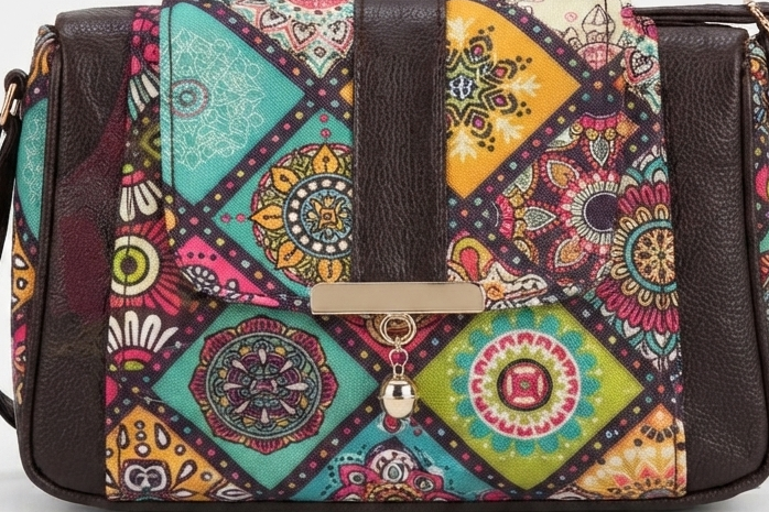 A textured crossbody sling bag featuring a vibrant multicolor front panel, shown open to display two top zipper sections and an adjustable shoulder strap.