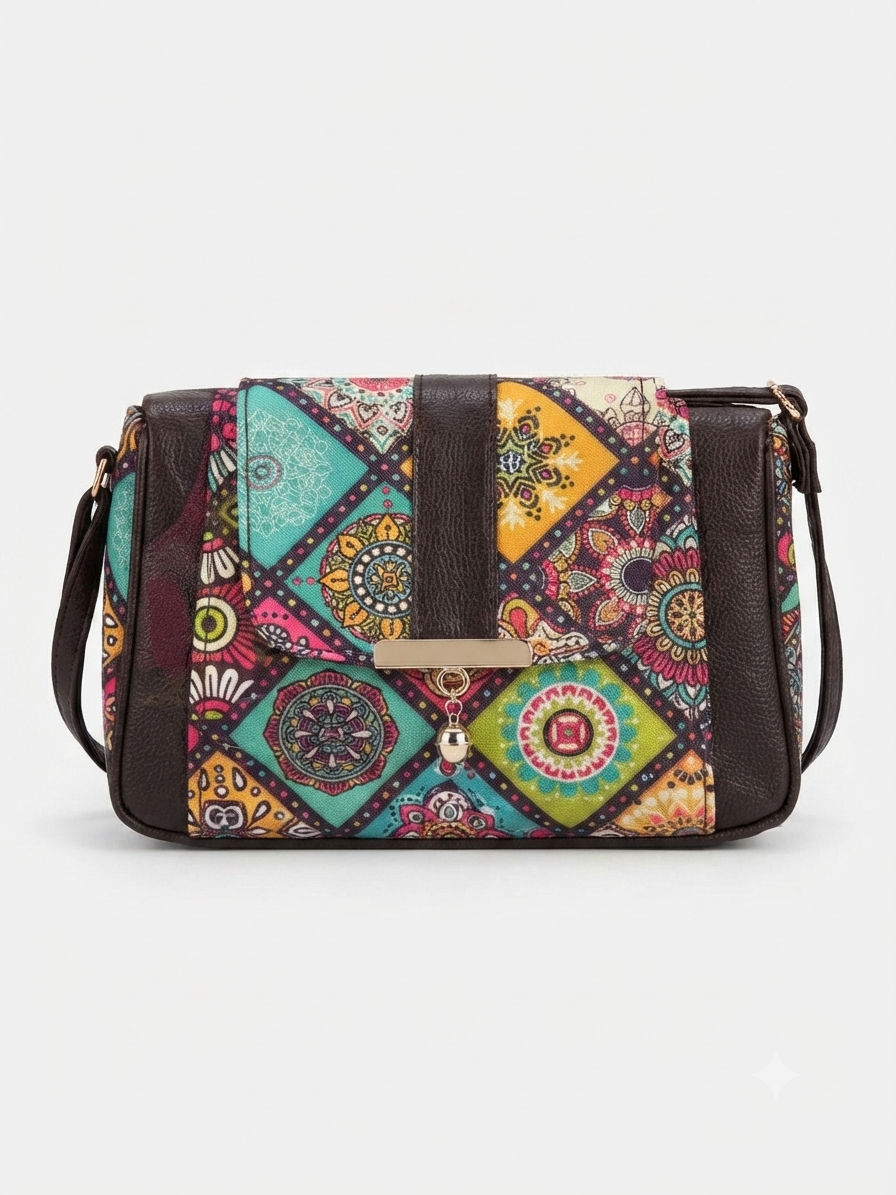 A textured crossbody sling bag featuring a vibrant multicolor front panel, shown open to display two top zipper sections and an adjustable shoulder strap.