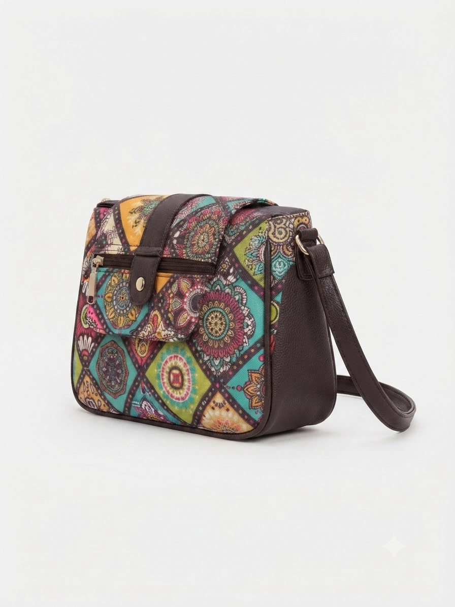 A textured crossbody sling bag featuring a vibrant multicolor front panel, shown open to display two top zipper sections and an adjustable shoulder strap.