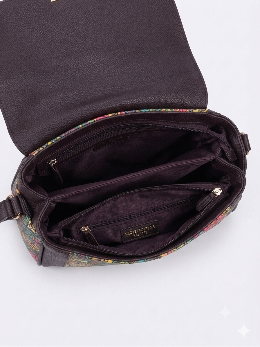 A textured crossbody sling bag featuring a vibrant multicolor front panel, shown open to display two top zipper sections and an adjustable shoulder strap.
