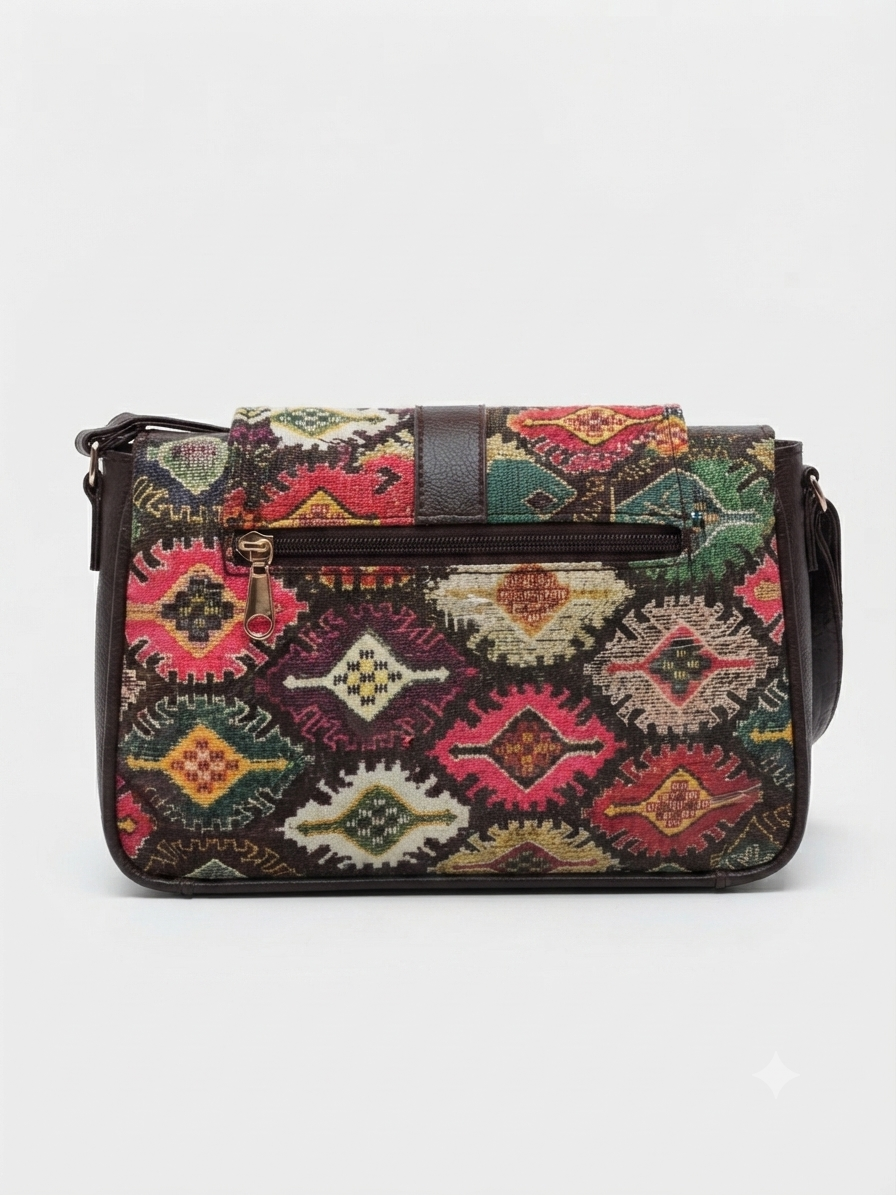 A textured crossbody sling bag featuring a vibrant multicolor front panel, shown open to display two top zipper sections and an adjustable shoulder strap.