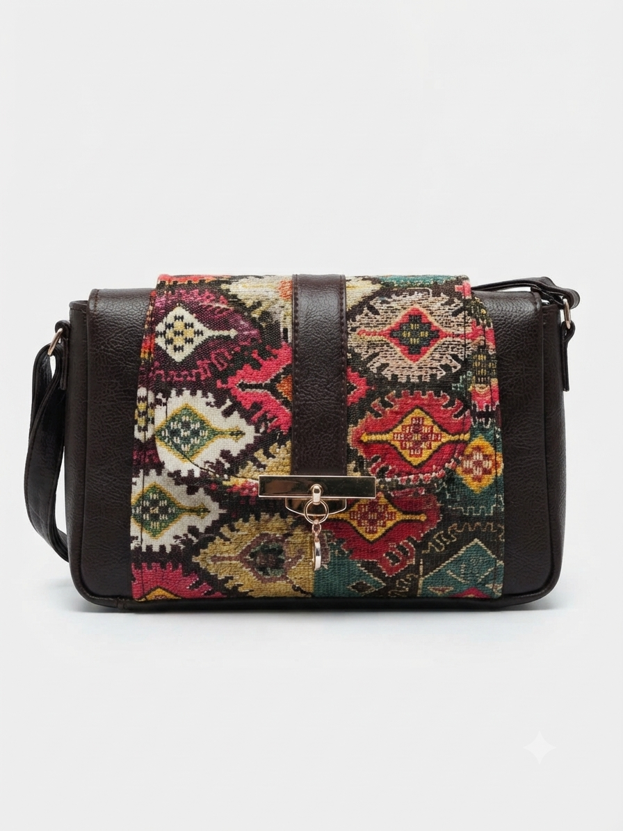 A textured crossbody sling bag featuring a vibrant multicolor front panel, shown open to display two top zipper sections and an adjustable shoulder strap.