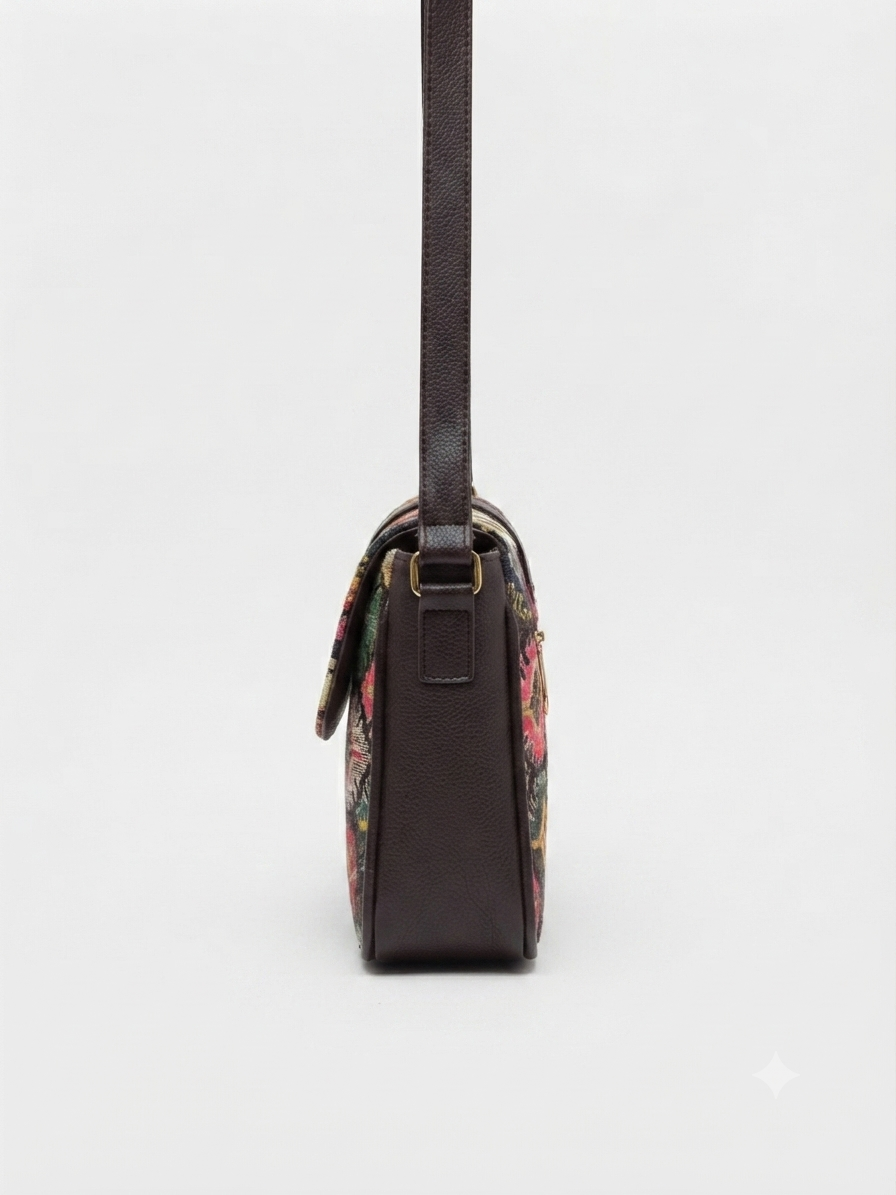 A textured crossbody sling bag featuring a vibrant multicolor front panel, shown open to display two top zipper sections and an adjustable shoulder strap.