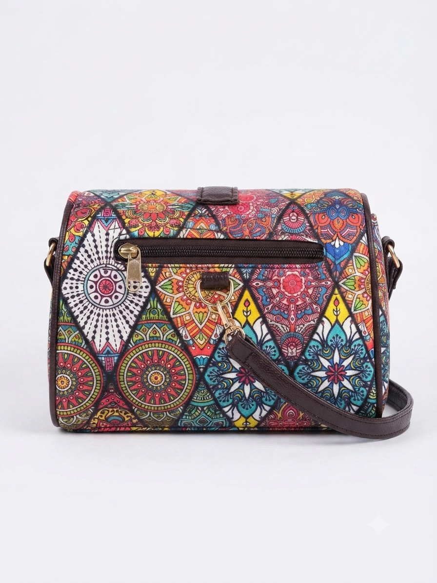A textured crossbody sling bag featuring a vibrant multicolor front panel, shown open to display two top zipper sections and an adjustable shoulder strap.