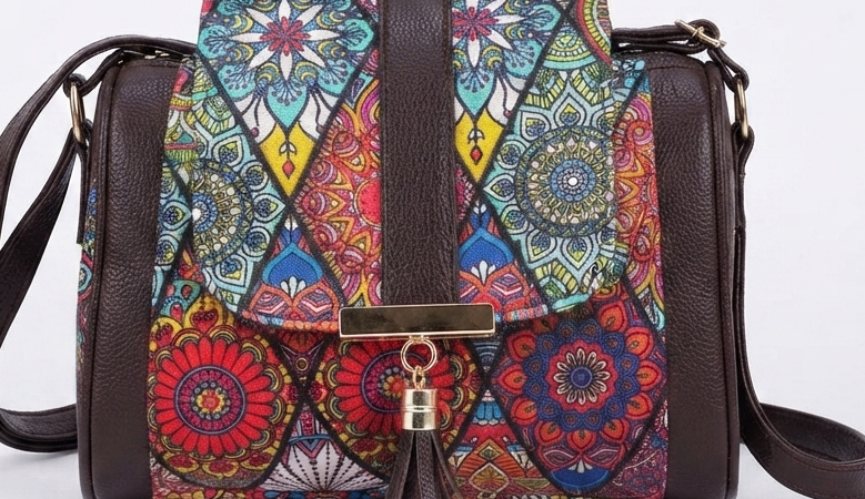 A textured crossbody sling bag featuring a vibrant multicolor front panel, shown open to display two top zipper sections and an adjustable shoulder strap.