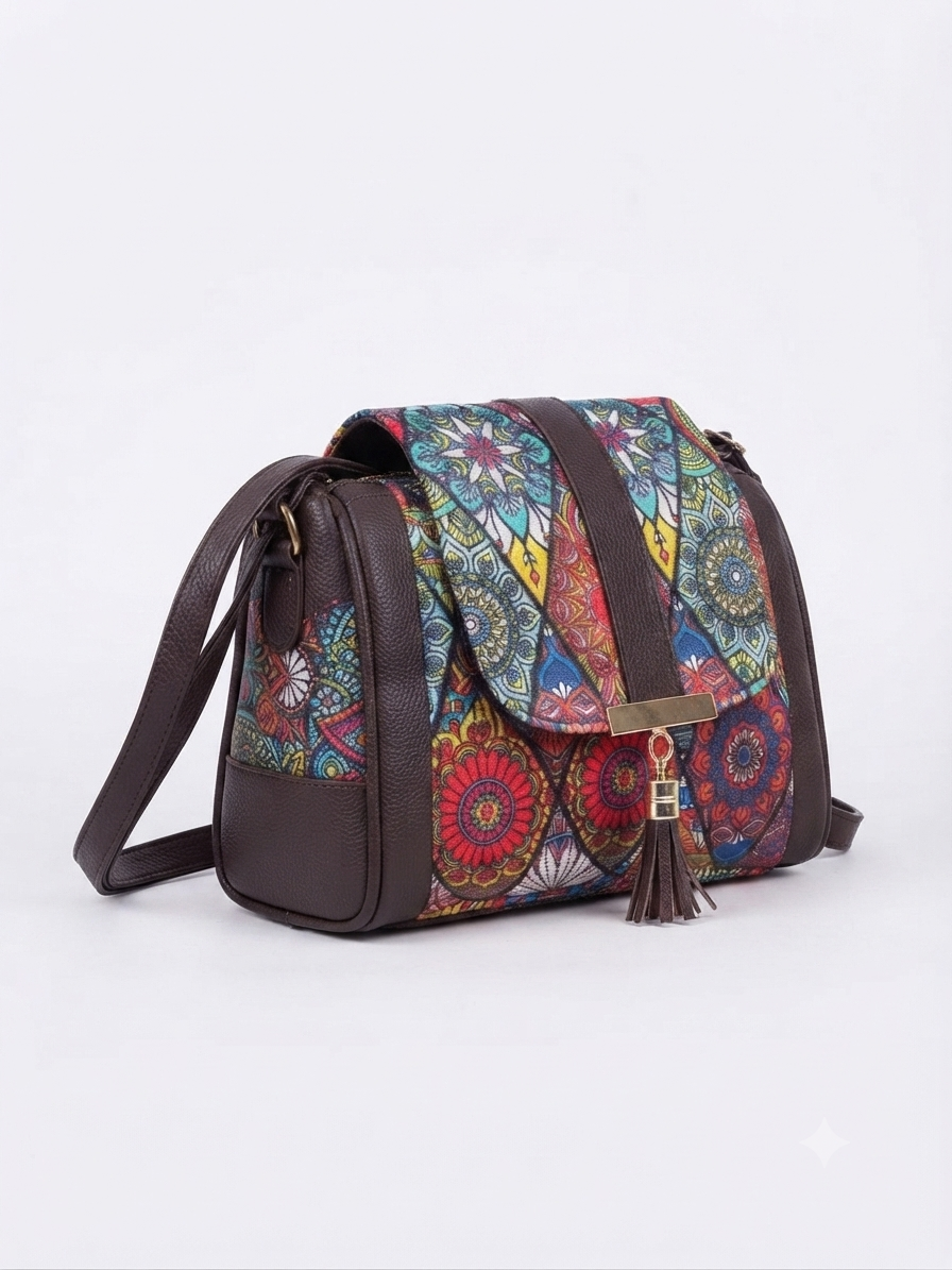 A textured crossbody sling bag featuring a vibrant multicolor front panel, shown open to display two top zipper sections and an adjustable shoulder strap.