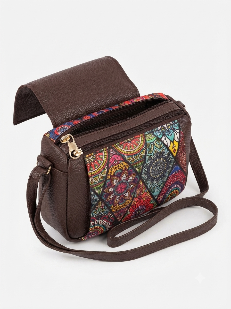 A textured crossbody sling bag featuring a vibrant multicolor front panel, shown open to display two top zipper sections and an adjustable shoulder strap.