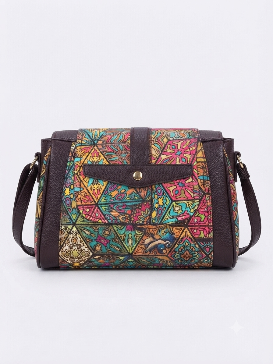 A textured crossbody sling bag featuring a vibrant multicolor front panel, shown open to display two top zipper sections and an adjustable shoulder strap.