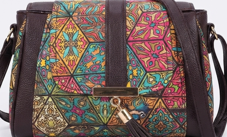 A textured crossbody sling bag featuring a vibrant multicolor front panel, shown open to display two top zipper sections and an adjustable shoulder strap.