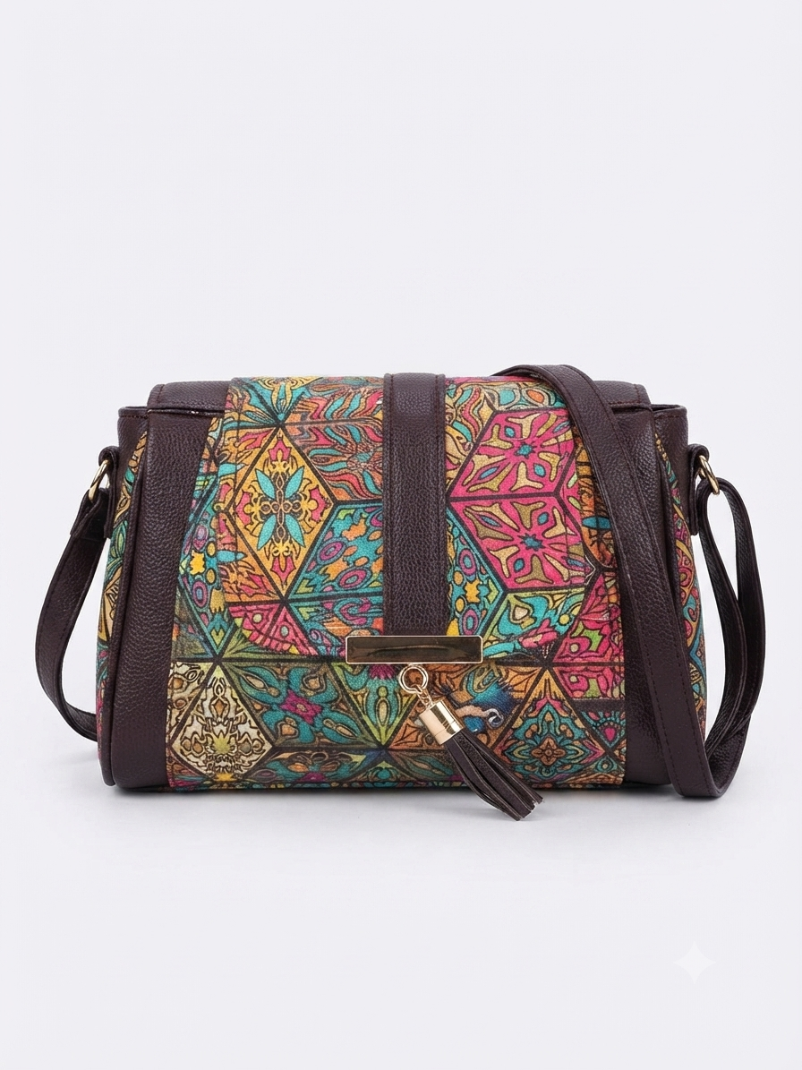 A textured crossbody sling bag featuring a vibrant multicolor front panel, shown open to display two top zipper sections and an adjustable shoulder strap.