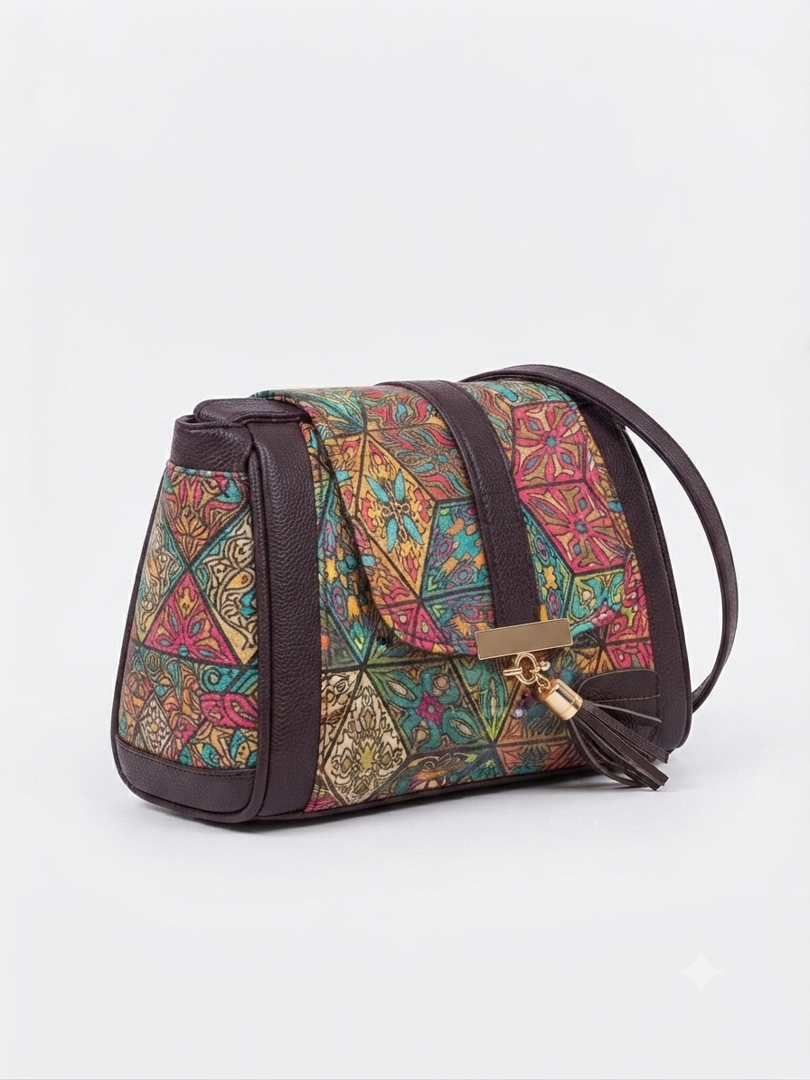 A textured crossbody sling bag featuring a vibrant multicolor front panel, shown open to display two top zipper sections and an adjustable shoulder strap.
