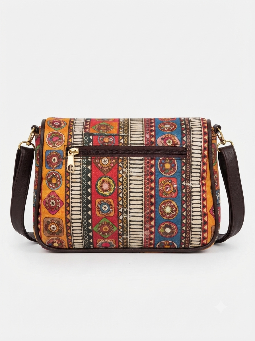 A textured crossbody sling bag featuring a vibrant multicolor front panel, shown open to display two top zipper sections and an adjustable shoulder strap.