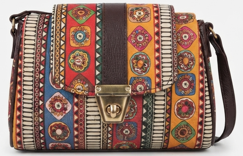 A textured crossbody sling bag featuring a vibrant multicolor front panel, shown open to display two top zipper sections and an adjustable shoulder strap.