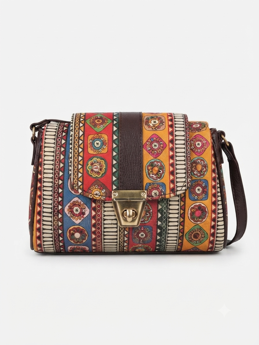 A textured crossbody sling bag featuring a vibrant multicolor front panel, shown open to display two top zipper sections and an adjustable shoulder strap.