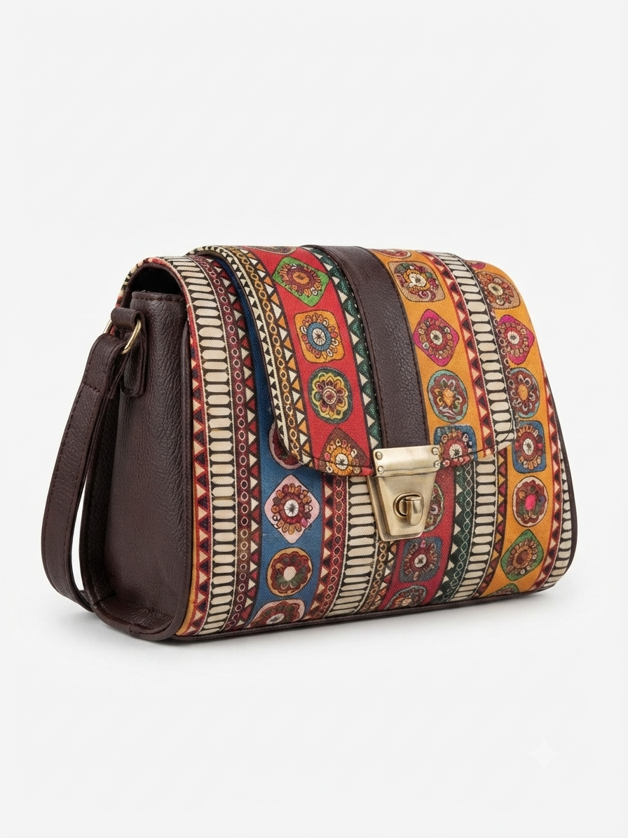 A textured crossbody sling bag featuring a vibrant multicolor front panel, shown open to display two top zipper sections and an adjustable shoulder strap.